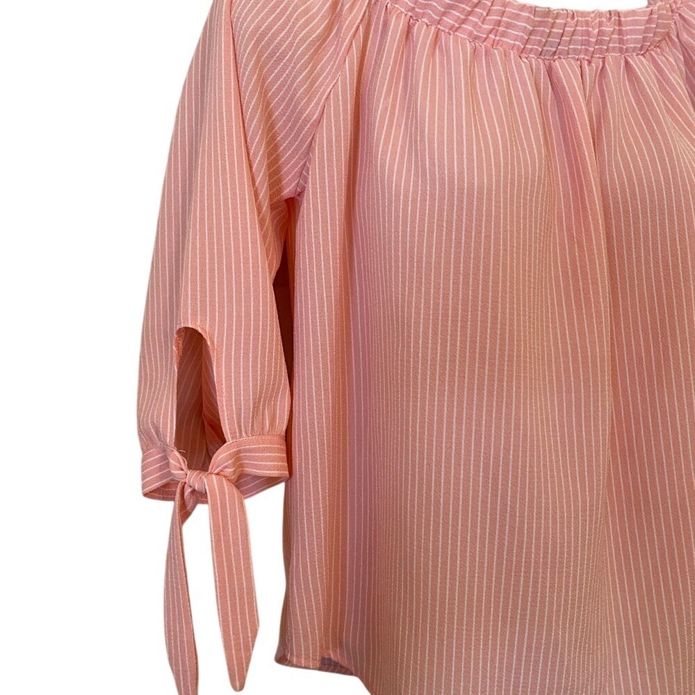 MUST HAVE Women Coral Stripe Off Shoulder Tie Sleeve‎ Blouse Top - Picture 4 of 9